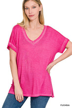 Load image into Gallery viewer, Washed Short Sleeve V-Neck Top W/ Hi-Low Hem
