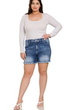 Load image into Gallery viewer, Plus Mid Rise Raw Frayed Hem Denim Shorts
