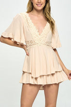 Load image into Gallery viewer, Flutter Sleeved Short Romper with Crochet Trim
