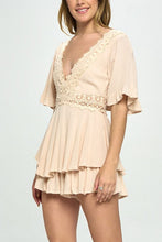 Load image into Gallery viewer, Flutter Sleeved Short Romper with Crochet Trim
